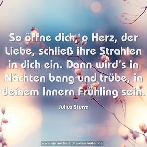 So öffne dich, o Herz, der Liebe,
schließ ihre Strahlen in dich ein.
Dann wird‘s in Nächten bang und trübe,
in deinem Innern Frühling sein.