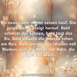 Ein neues Jahr nimmt seinen Lauf.
Die junge Sonne steigt herauf.
Bald schmilzt der Schnee, bald taut das Eis.
Bald schwillt die Knospe schon am Reis.
Bald werden die Wiesen voll Blumen sein,
die Äcker voll Korn, die Hügel voll Wein.