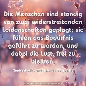 Die Menschen sind ständig von zwei widerstreitenden Leidenschaften geplagt; sie fühlen das Bedürfnis geführt zu werden, und dabei die Lust, frei zu bleiben.