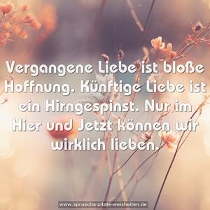 Vergangene Liebe ist bloße Hoffnung.
Künftige Liebe ist ein Hirngespinst.
Nur im Hier und Jetzt können wir wirklich lieben.