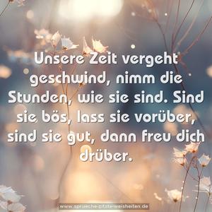 Unsere Zeit vergeht geschwind,
nimm die Stunden, wie sie sind.
Sind sie bös, lass sie vorüber,
sind sie gut, dann freu dich drüber.