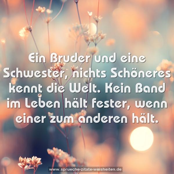 Ein Bruder und eine Schwester,
nichts Schöneres kennt die Welt.
Kein Band im Leben hält fester,
wenn einer zum anderen hält.