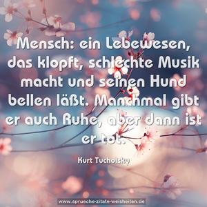 Mensch: ein Lebewesen, das klopft,
schlechte Musik macht und seinen Hund bellen läßt.
Manchmal gibt er auch Ruhe, aber dann ist er tot.