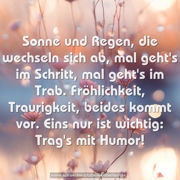 Sonne und Regen, die wechseln sich ab,
mal geht's im Schritt, mal geht's im Trab.
Fröhlichkeit, Traurigkeit, beides kommt vor.
Eins nur ist wichtig: Trag's mit Humor!
