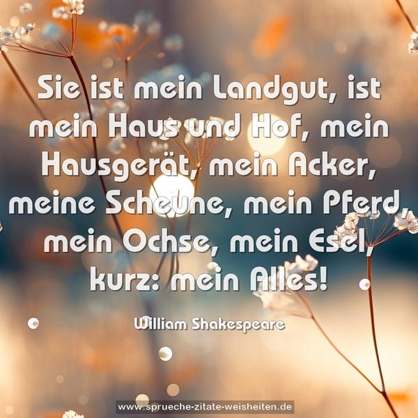 Sie ist mein Landgut,
ist mein Haus und Hof,
mein Hausgerät, mein Acker,
meine Scheune, mein Pferd,
mein Ochse, mein Esel,
kurz: mein Alles!