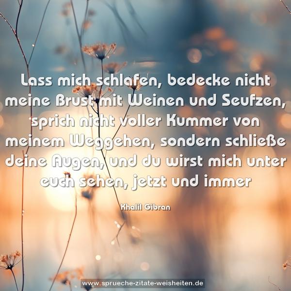 Lass mich schlafen,
bedecke nicht meine Brust mit Weinen und Seufzen,
sprich nicht voller Kummer von meinem Weggehen,
sondern schließe deine Augen,
und du wirst mich unter euch sehen,
jetzt und immer