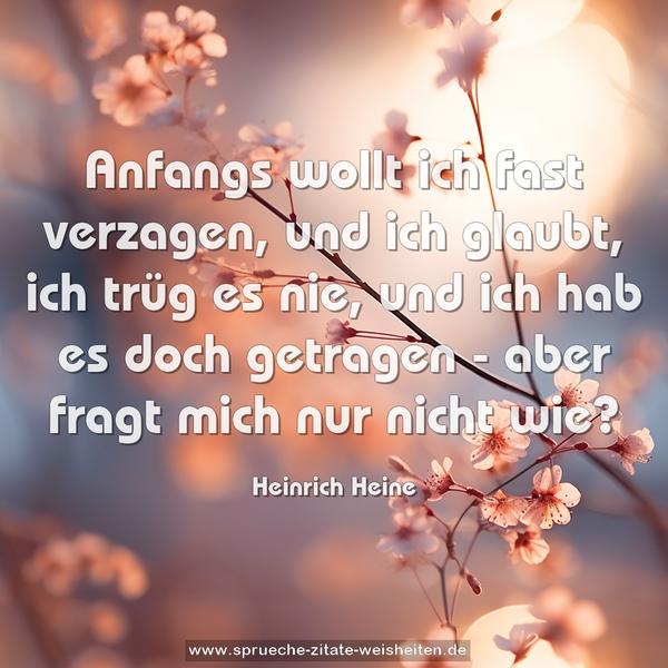 Anfangs wollt ich fast verzagen,
und ich glaubt, ich trüg es nie,
und ich hab es doch getragen -
aber fragt mich nur nicht wie?