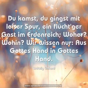 Du kamst, du gingst mit leiser Spur,
ein flücht'ger Gast im Erdenreich;
Woher? Wohin? Wir wissen nur:
Aus Gottes Hand in Gottes Hand.