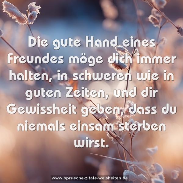 Die gute Hand eines Freundes möge dich immer halten,
in schweren wie in guten Zeiten,
und dir Gewissheit geben,
dass du niemals einsam sterben wirst.