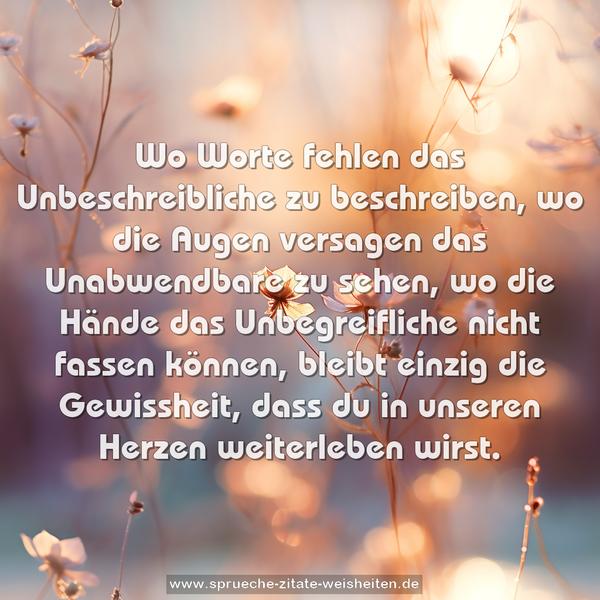 Wo Worte fehlen das Unbeschreibliche zu beschreiben,
wo die Augen versagen das Unabwendbare zu sehen,
wo die Hände das Unbegreifliche nicht fassen können,
bleibt einzig die Gewissheit,
dass du in unseren Herzen weiterleben wirst.