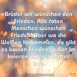 Brüder wir wünschen den Frieden.
Alle roten Menschen wünschen Frieden.
Aber wo die Weißen hinkommen,
da gibt es keinen Frieden,
außer im Inneren unserer Mutter Erde.
