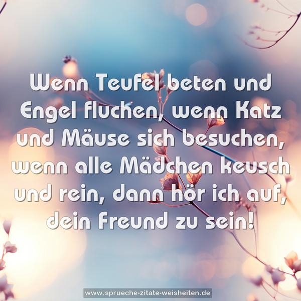 Wenn Teufel beten und Engel fluchen,
wenn Katz und Mäuse sich besuchen,
wenn alle Mädchen keusch und rein,
dann hör ich auf, dein Freund zu sein!