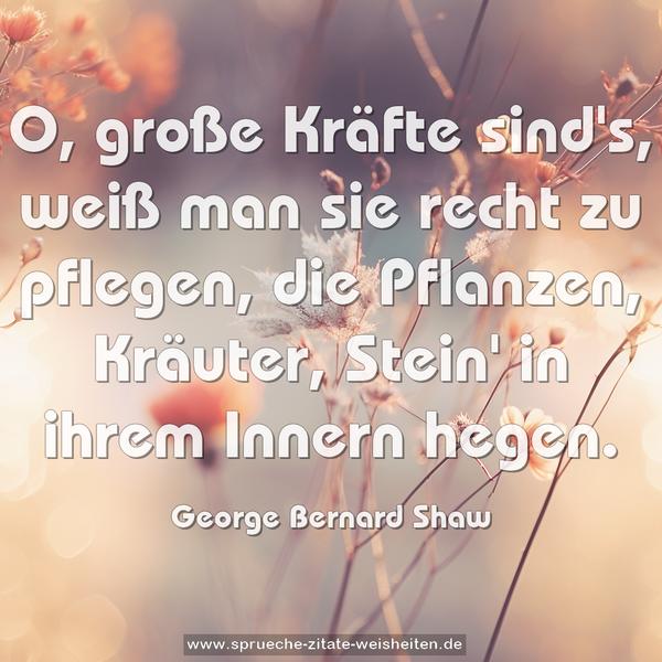 O, große Kräfte sind's, weiß man sie recht zu pflegen,
die Pflanzen, Kräuter, Stein' in ihrem Innern hegen.