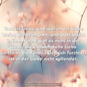 Gott ist Liebe, und wer in der Liebe bleibt, bleibt in Gott,
und Gott bleibt in ihm.
Furcht gibt es nicht in der Liebe,
die vollkommene Liebe vertreibt die Furcht.
Wer sich fürchtet, ist in der Liebe nicht vollendet.