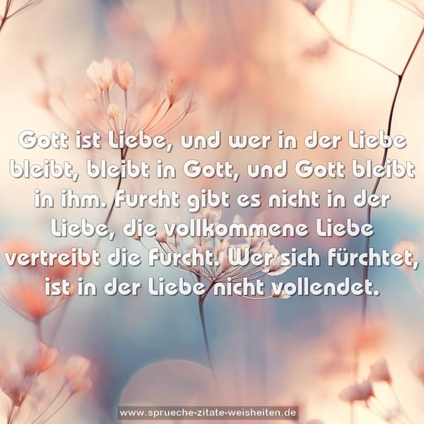 Gott ist Liebe, und wer in der Liebe bleibt, bleibt in Gott,
und Gott bleibt in ihm.
Furcht gibt es nicht in der Liebe,
die vollkommene Liebe vertreibt die Furcht.
Wer sich fürchtet, ist in der Liebe nicht vollendet.