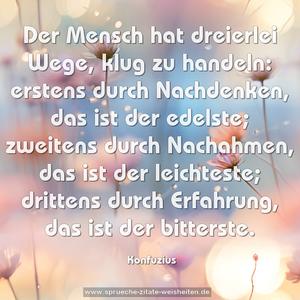 Der Mensch hat dreierlei Wege,
klug zu handeln:
erstens durch Nachdenken, das ist der edelste;
zweitens durch Nachahmen, das ist der leichteste;
drittens durch Erfahrung, das ist der bitterste.