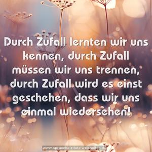 Durch Zufall lernten wir uns kennen,
durch Zufall müssen wir uns trennen,
durch Zufall wird es einst geschehen,
dass wir uns einmal wiedersehen!