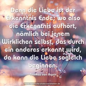 Denn die Liebe ist der Erkenntnis Ende;
wo also die Erkenntnis aufhört,
nämlich bei jenem Wirklichen selbst, das durch ein anderes erkannt wird,
da kann die Liebe sogleich beginnen. 