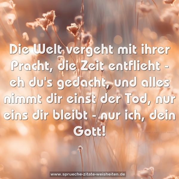 Die Welt vergeht mit ihrer Pracht,
die Zeit entflieht - eh du's gedacht,
und alles nimmt dir einst der Tod,
nur eins dir bleibt - nur ich, dein Gott!