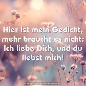 Hier ist mein Gedicht,
mehr braucht es nicht:
Ich liebe Dich,
und du liebst mich!