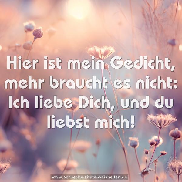 Hier ist mein Gedicht,
mehr braucht es nicht:
Ich liebe Dich,
und du liebst mich!