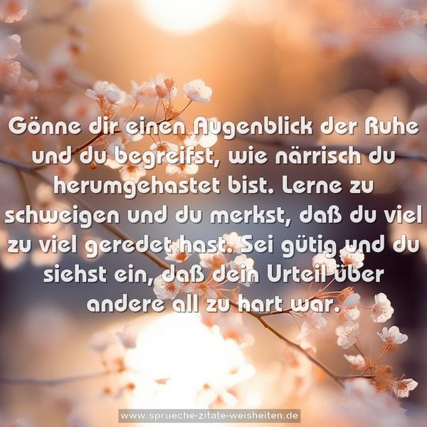 Gönne dir einen Augenblick der Ruhe und du begreifst,
wie närrisch du herumgehastet bist.
Lerne zu schweigen und du merkst, daß du viel zu viel geredet hast.
Sei gütig und du siehst ein, daß dein Urteil über andere all zu hart war.