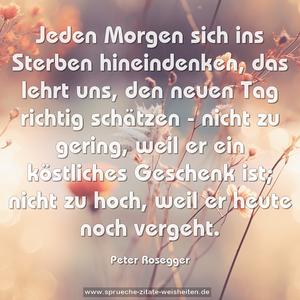 Jeden Morgen sich ins Sterben hineindenken,
das lehrt uns, den neuen Tag richtig schätzen -
nicht zu gering, weil er ein köstliches Geschenk ist;
nicht zu hoch, weil er heute noch vergeht.