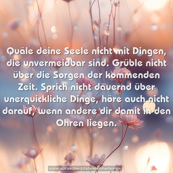 Quäle deine Seele nicht mit Dingen, die unvermeidbar sind.
Grüble nicht über die Sorgen der kommenden Zeit.
Sprich nicht dauernd über unerquickliche Dinge, höre auch nicht darauf, wenn andere dir damit in den Ohren liegen.