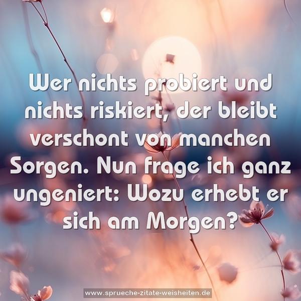 Wer nichts probiert und nichts riskiert,
der bleibt verschont von manchen Sorgen.
Nun frage ich ganz ungeniert:
Wozu erhebt er sich am Morgen?