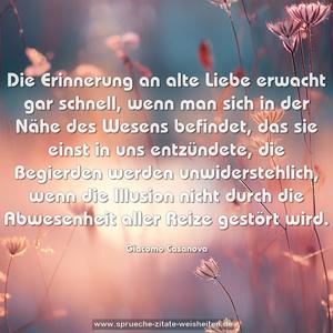 Die Erinnerung an alte Liebe erwacht gar schnell,
wenn man sich in der Nähe des Wesens befindet,
das sie einst in uns entzündete,
die Begierden werden unwiderstehlich, wenn die Illusion nicht durch die Abwesenheit aller Reize gestört wird.