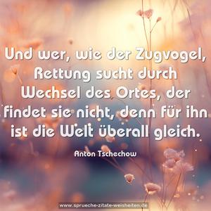 Und wer, wie der Zugvogel, Rettung sucht
durch Wechsel des Ortes, der findet sie nicht,
denn für ihn ist die Welt überall gleich.