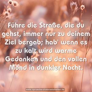 Führe die Straße, die du gehst,
immer nur zu deinem Ziel bergab;
hab' wenn es zu kalt wird warme Gedanken
und den vollen Mond in dunkler Nacht.