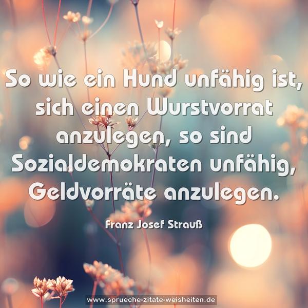 So wie ein Hund unfähig ist,
sich einen Wurstvorrat anzulegen,
so sind Sozialdemokraten unfähig,
Geldvorräte anzulegen.