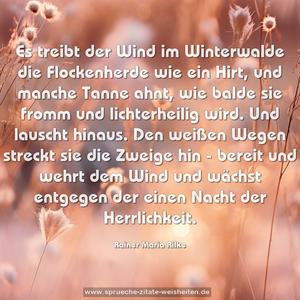 Es treibt der Wind im Winterwalde
die Flockenherde wie ein Hirt,
und manche Tanne ahnt, wie balde
sie fromm und lichterheilig wird.
Und lauscht hinaus. Den weißen Wegen
streckt sie die Zweige hin - bereit
und wehrt dem Wind und wächst entgegen
der einen Nacht der Herrlichkeit.