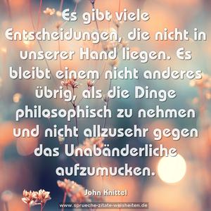 Es gibt viele Entscheidungen, die nicht in unserer Hand liegen. Es bleibt einem nicht anderes übrig, als die Dinge philosophisch zu nehmen und nicht allzusehr gegen das Unabänderliche aufzumucken. 