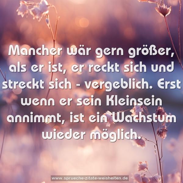 Mancher wär gern größer, als er ist,
er reckt sich und streckt sich - vergeblich.
Erst wenn er sein Kleinsein annimmt,
ist ein Wachstum wieder möglich.