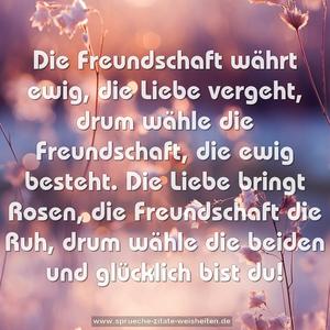 Die Freundschaft währt ewig, die Liebe vergeht,
drum wähle die Freundschaft, die ewig besteht.
Die Liebe bringt Rosen, die Freundschaft die Ruh,
drum wähle die beiden und glücklich bist du!