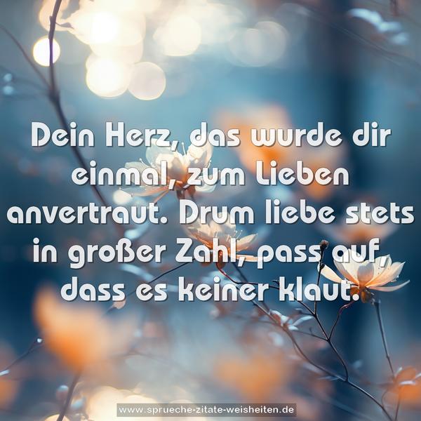 Dein Herz, das wurde dir einmal,
zum Lieben anvertraut.
Drum liebe stets in großer Zahl,
pass auf, dass es keiner klaut.