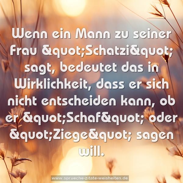Wenn ein Mann zu seiner Frau "Schatzi" sagt,
bedeutet das in Wirklichkeit,
dass er sich nicht entscheiden kann,
ob er "Schaf" oder "Ziege" sagen will.