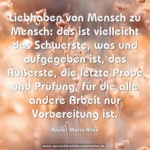 Liebhaben von Mensch zu Mensch:
das ist vielleicht das Schwerste, was und aufgegeben ist,
das Äußerste, die letzte Probe und Prüfung,
für die alle andere Arbeit nur Vorbereitung ist.