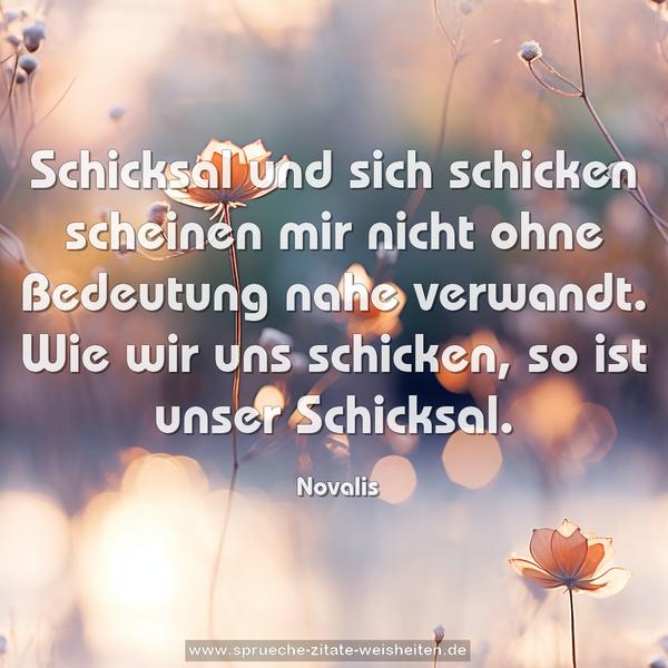 Schicksal und sich schicken
scheinen mir nicht ohne Bedeutung nahe verwandt.
Wie wir uns schicken, so ist unser Schicksal.