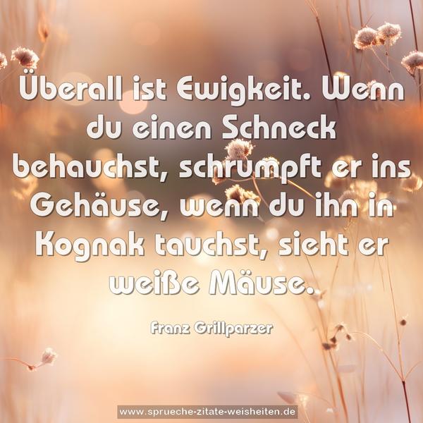Überall ist Ewigkeit.
Wenn du einen Schneck behauchst, schrumpft er ins Gehäuse, wenn du ihn in Kognak tauchst, sieht er weiße Mäuse.