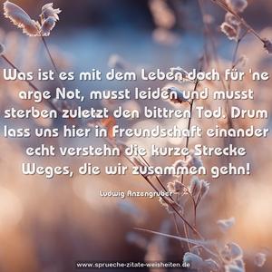 Was ist es mit dem Leben doch für 'ne arge Not,
musst leiden und musst sterben zuletzt den bittren Tod.
Drum lass uns hier in Freundschaft einander echt verstehn
die kurze Strecke Weges, die wir zusammen gehn!