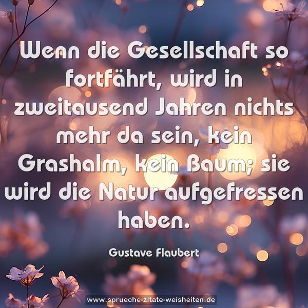 Wenn die Gesellschaft so fortfährt,
wird in zweitausend Jahren nichts mehr da sein,
kein Grashalm, kein Baum;
sie wird die Natur aufgefressen haben.