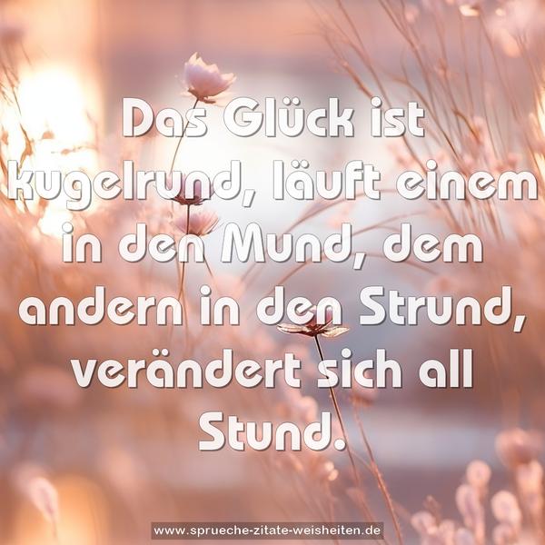 Das Glück ist kugelrund,
läuft einem in den Mund,
dem andern in den Strund,
verändert sich all Stund.
