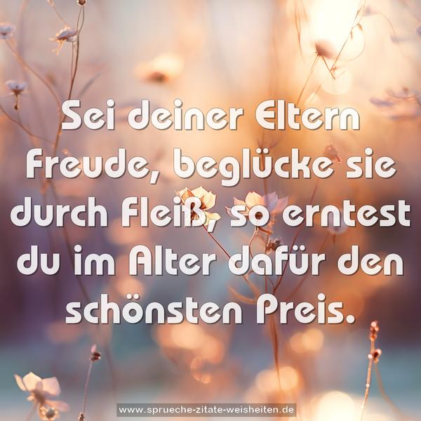 Sei deiner Eltern Freude,
beglücke sie durch Fleiß,
so erntest du im Alter
dafür den schönsten Preis.