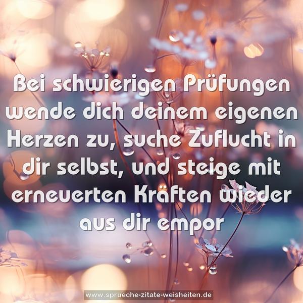 Bei schwierigen Prüfungen
wende dich deinem eigenen Herzen zu,
suche Zuflucht in dir selbst,
und steige mit erneuerten Kräften
wieder aus dir empor