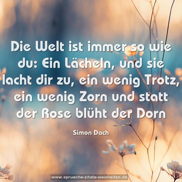 Die Welt ist immer so wie du:
Ein Lächeln, und sie lacht dir zu,
ein wenig Trotz, ein wenig Zorn
und statt der Rose blüht der Dorn