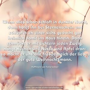 Wenn alles schon schläft in dunkler Nacht,
dann holet ihn bei Sternenschein
und schlüpfet eh einer sichs gedacht
gar heimlich damit ins Haus hinein.
Dann schmückt er mit Lichtern jeden Zweig,
hängt Kuchen und Nüsse und Äpfel dran:
so macht er uns alle freudenreich
der liebe, der gute Weihnachtsmann.