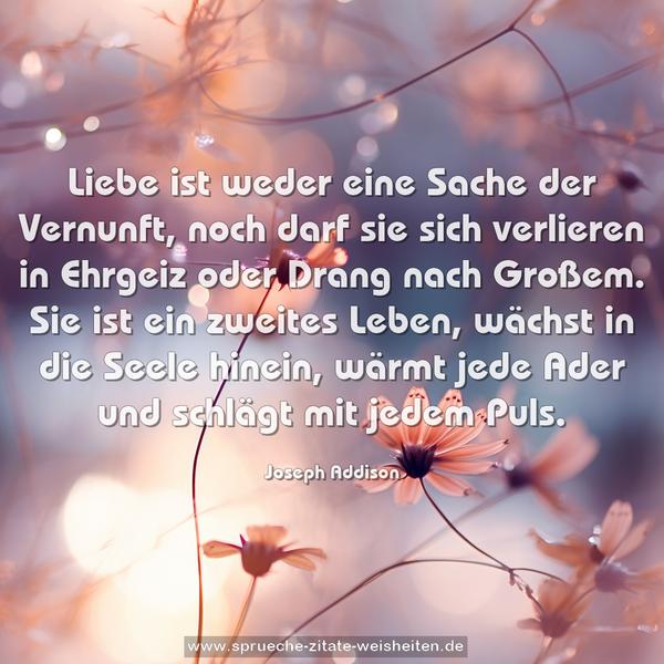 Liebe ist weder eine Sache der Vernunft, noch darf sie sich verlieren in Ehrgeiz oder Drang nach Großem.
Sie ist ein zweites Leben, wächst in die Seele hinein, wärmt jede Ader und schlägt mit jedem Puls.